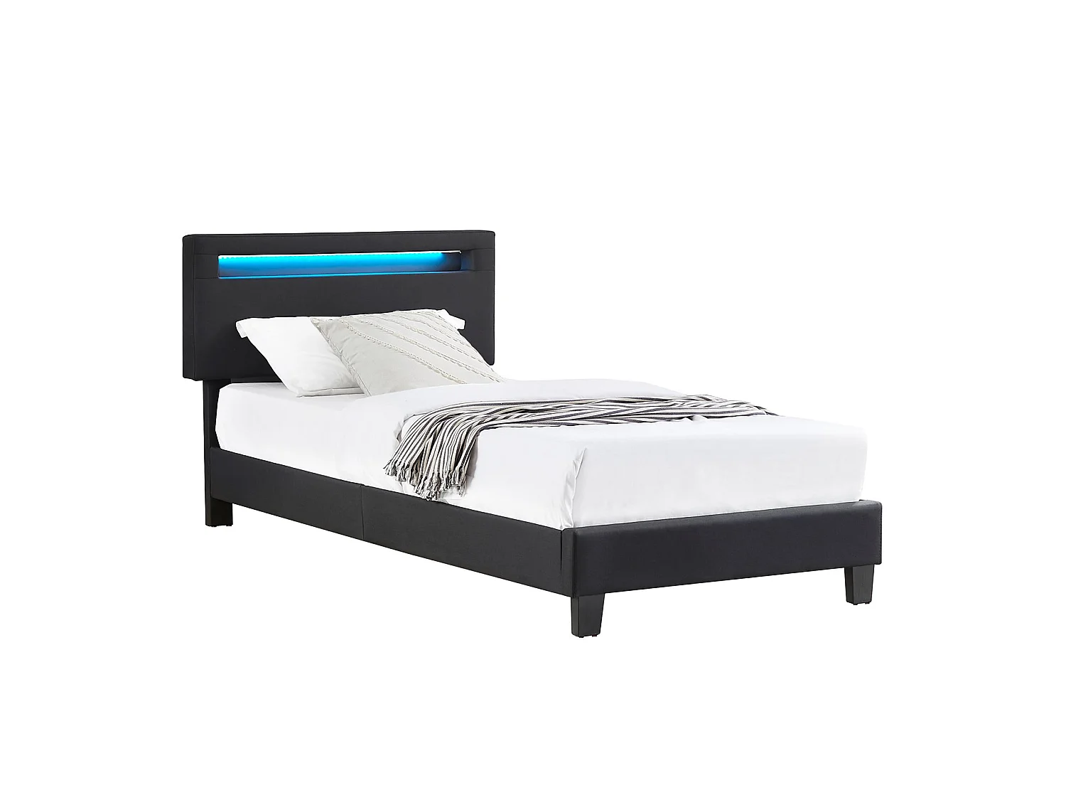 Lit LED simple 90x190 cm avec sommier, tête de lit réglable en hauteur, en tissu noir, AUSTIN