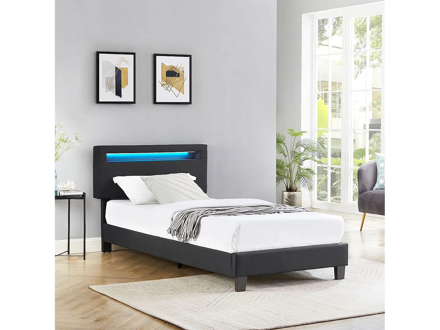 Lit LED simple 90x190 cm avec sommier, tête de lit réglable en hauteur, en tissu noir, AUSTIN
