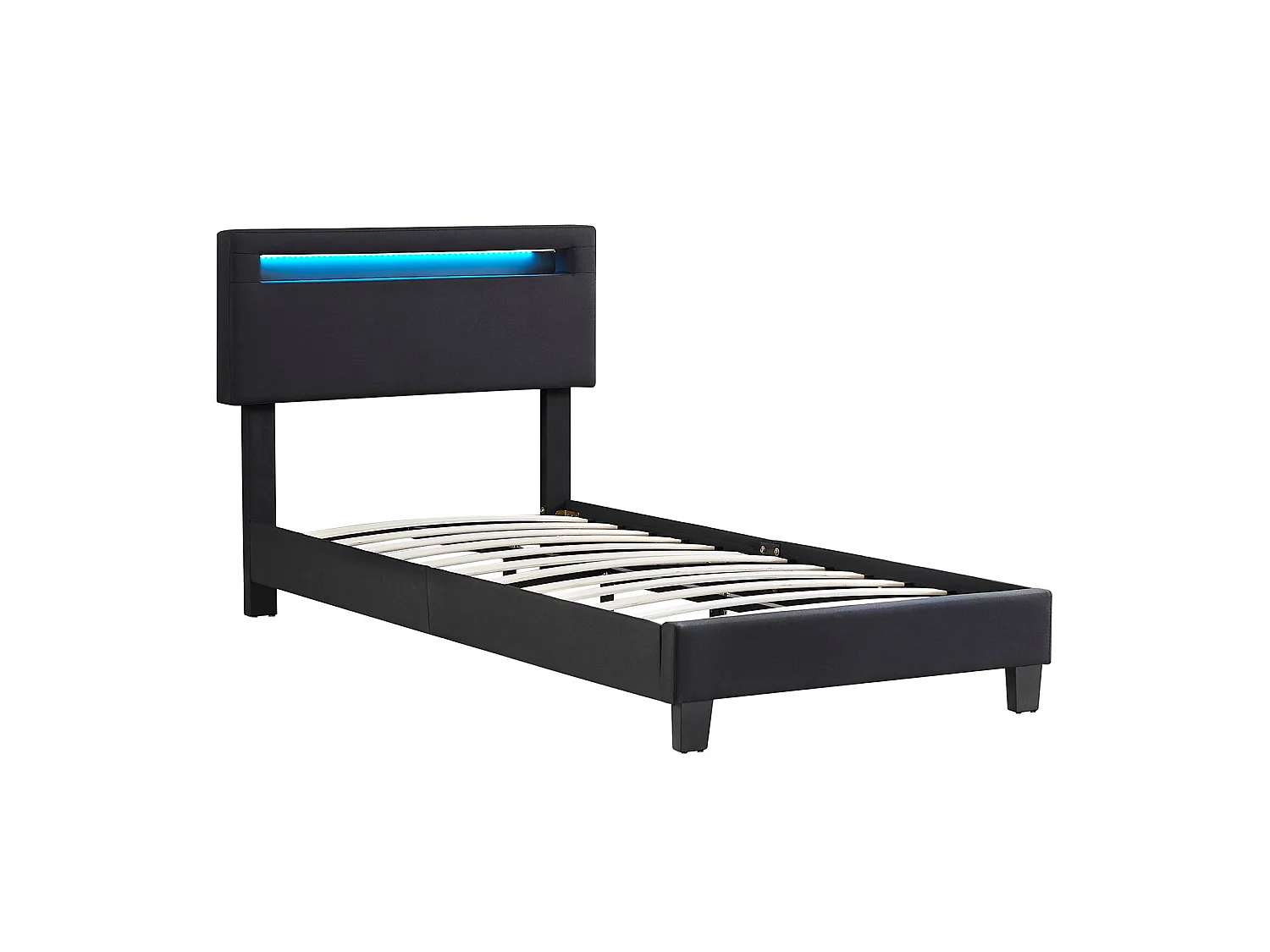 Lit LED simple 90x190 cm avec sommier, tête de lit réglable en hauteur, en tissu noir, AUSTIN