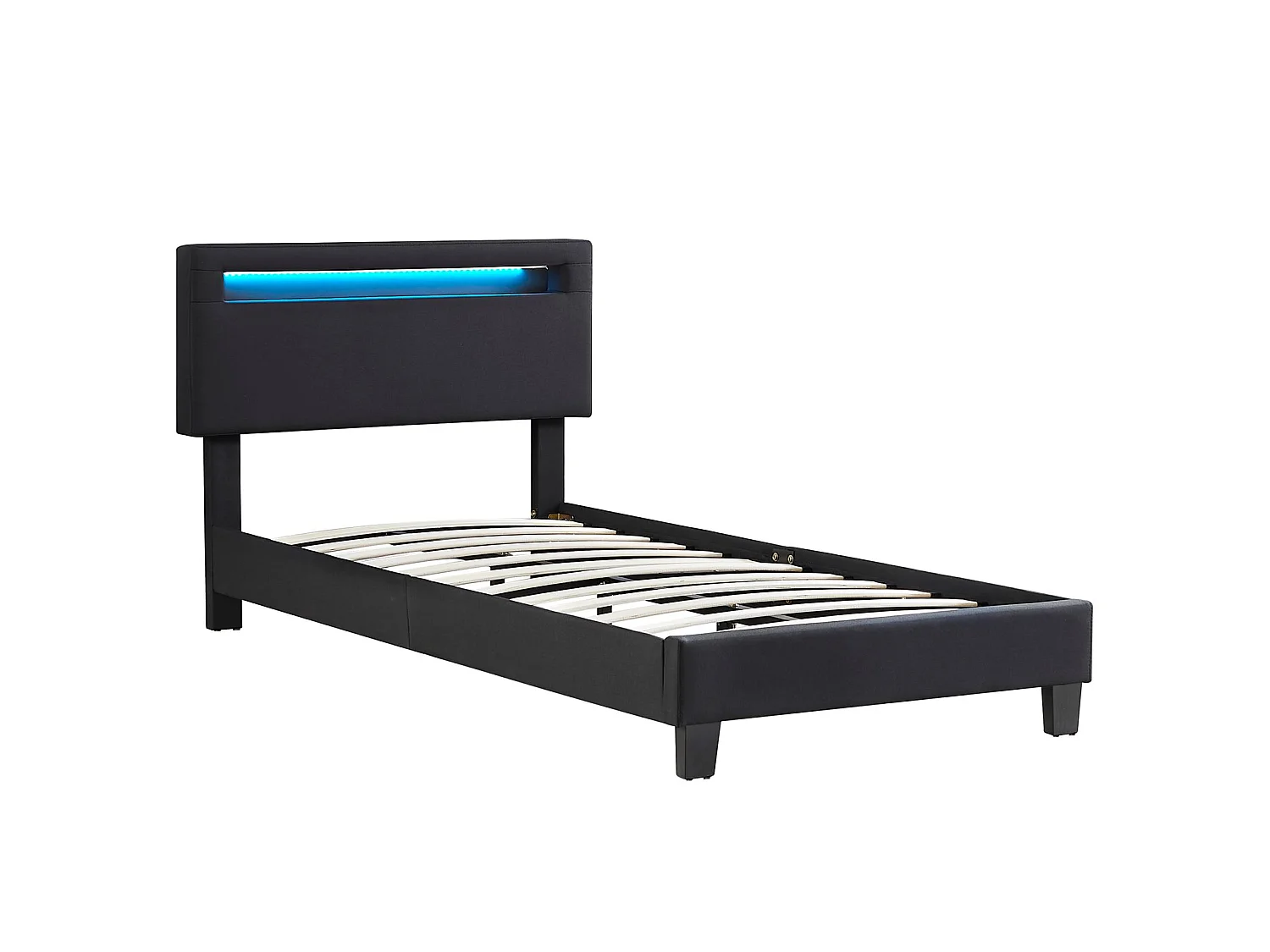Lit LED simple 90x190 cm avec sommier, tête de lit réglable en hauteur, en tissu noir, AUSTIN