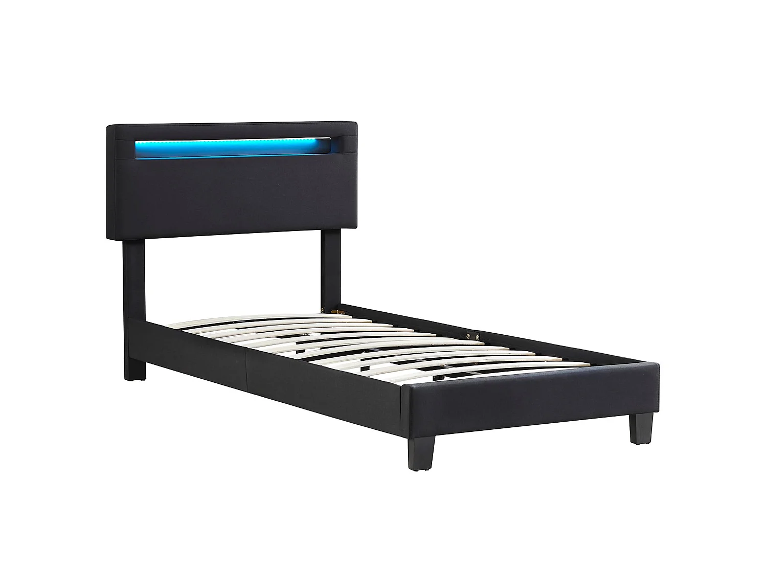 Lit LED simple 90x190 cm avec sommier, tête de lit réglable en hauteur, en tissu noir, AUSTIN
