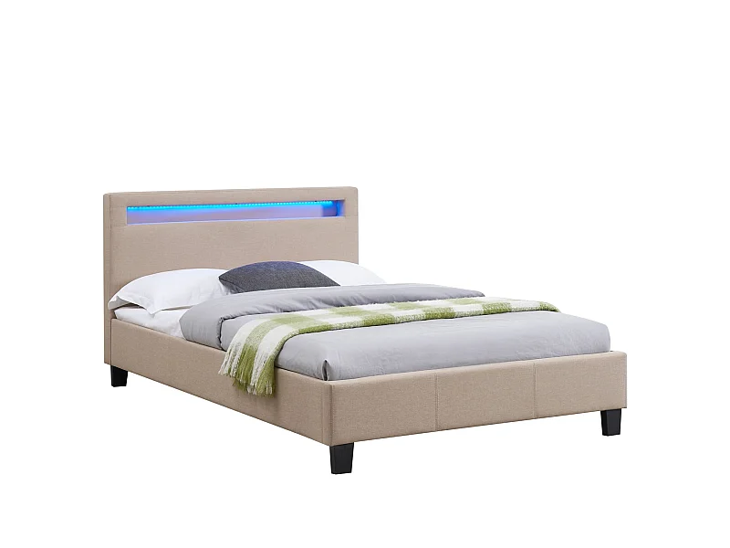 Lit LED simple 120x190 cm avec sommier, tête de lit confortable, lit 1 place revêtement en tissu beige, MARISELA