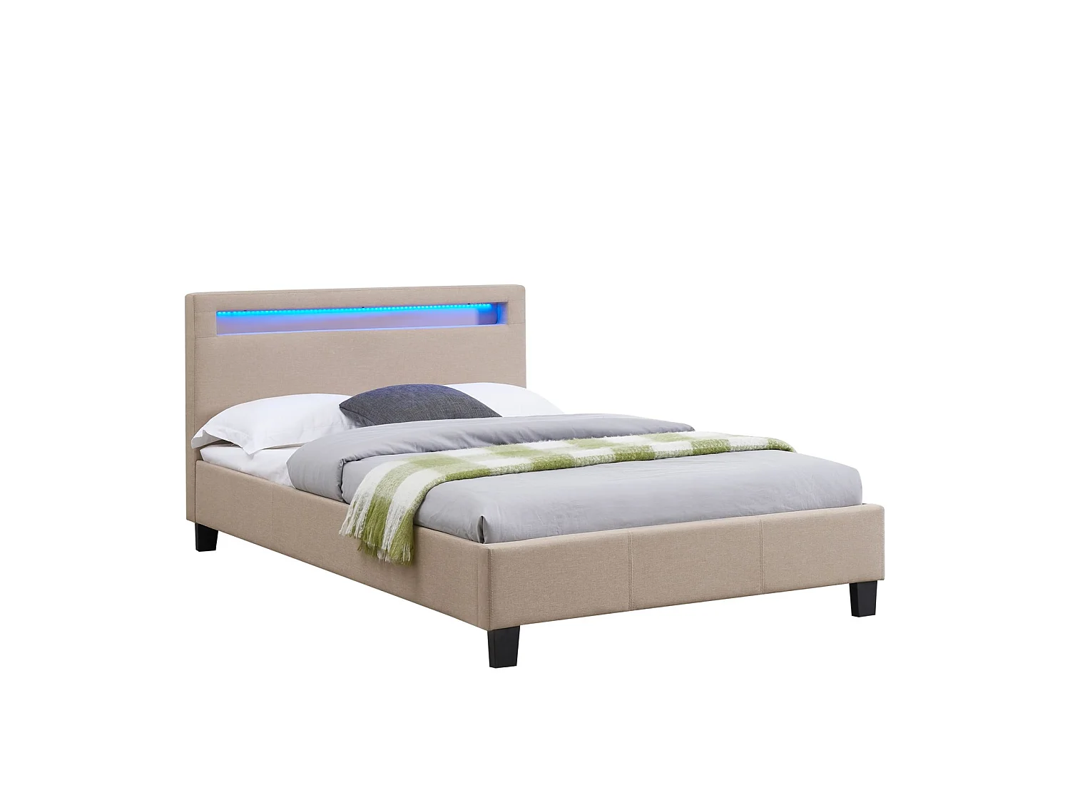 Lit LED simple 120x190 cm avec sommier, tête de lit confortable, lit 1 place revêtement en tissu beige, MARISELA