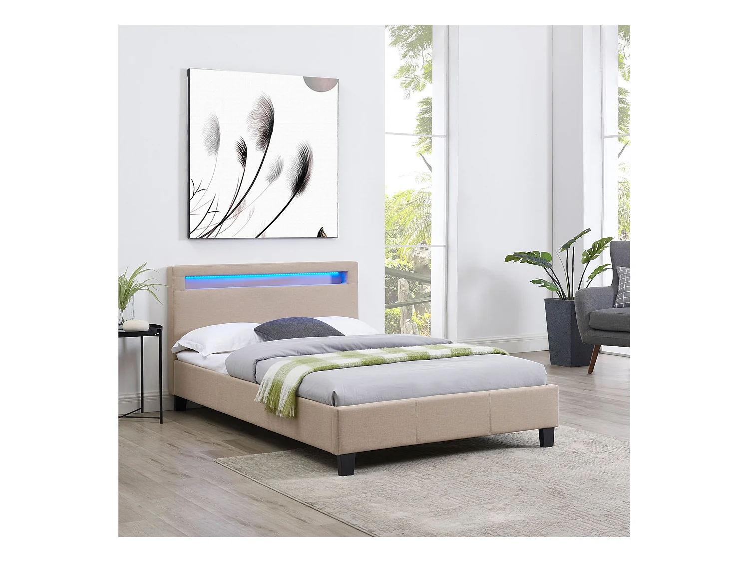 Lit LED simple 120x190 cm avec sommier, tête de lit confortable, lit 1 place revêtement en tissu beige, MARISELA