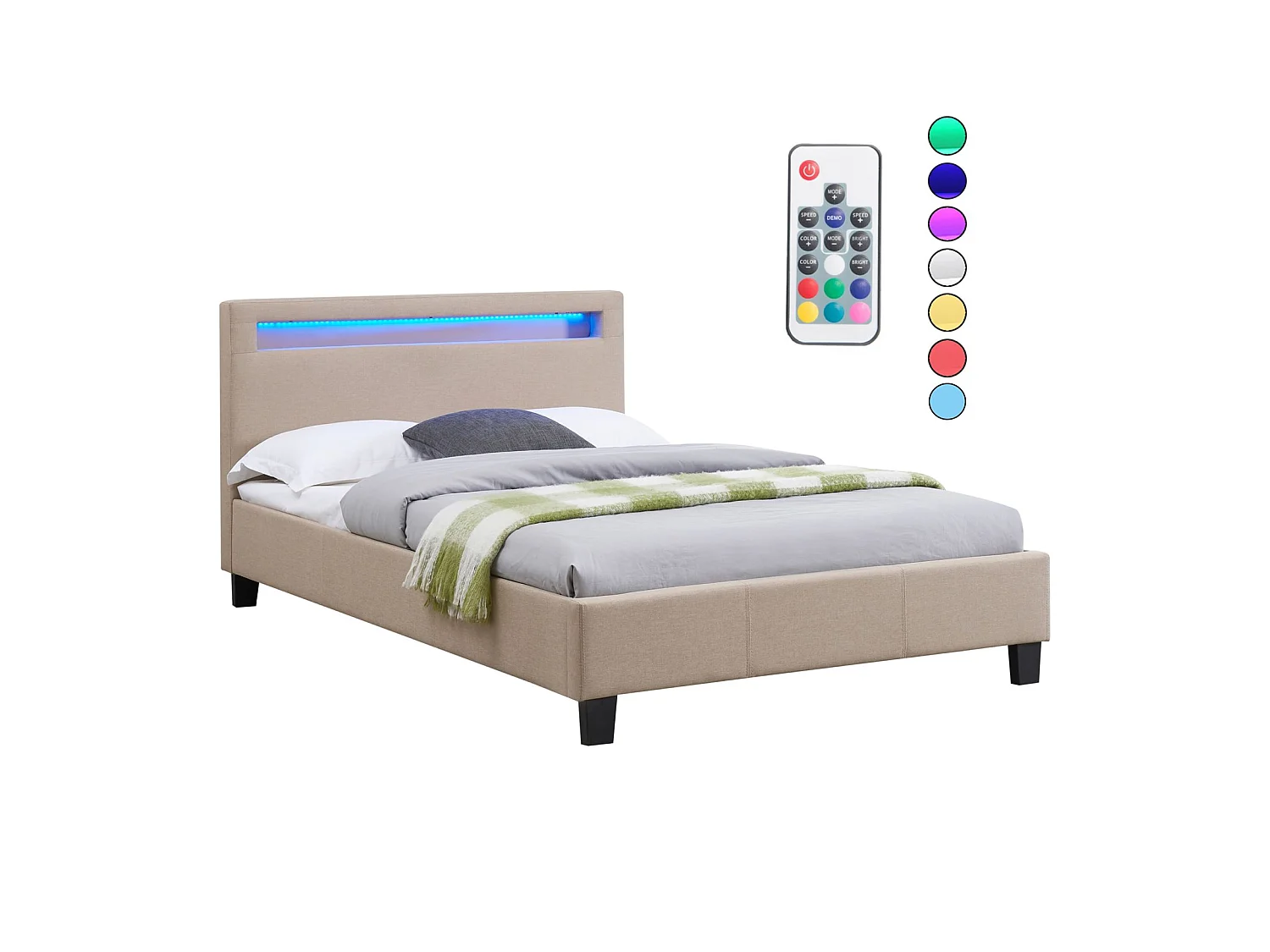 Lit LED simple 120x190 cm avec sommier, tête de lit confortable, lit 1 place revêtement en tissu beige, MARISELA
