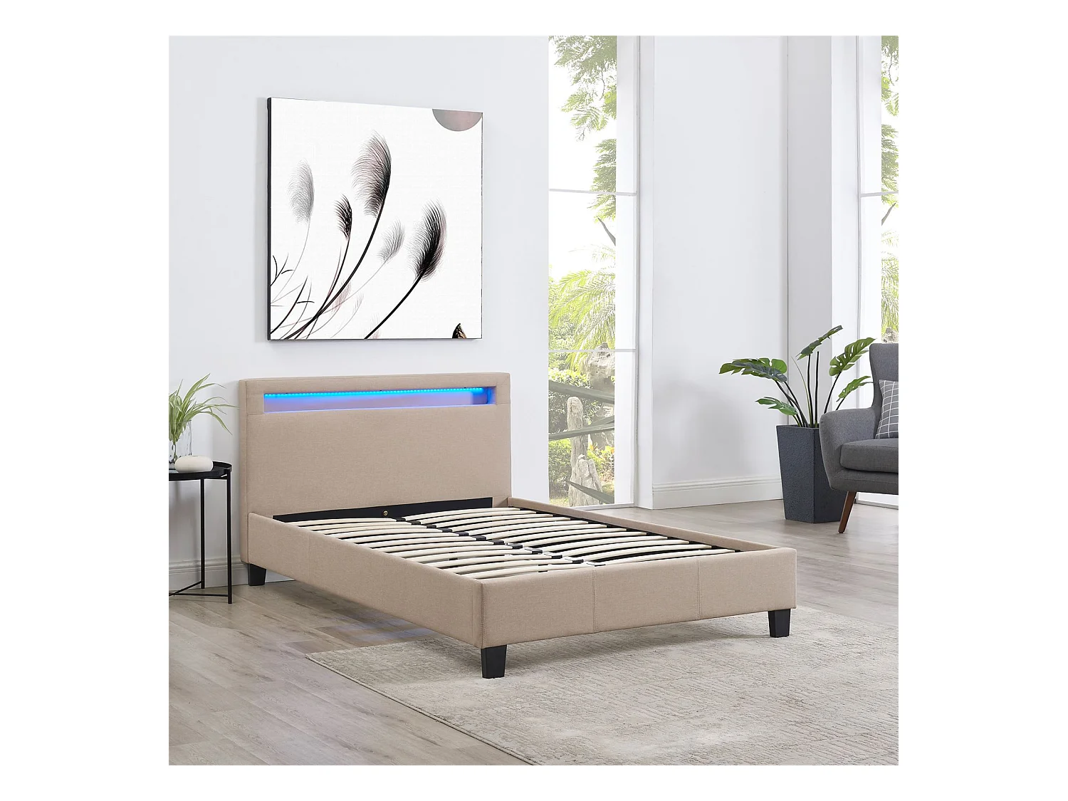 Lit LED simple 120x190 cm avec sommier, tête de lit confortable, lit 1 place revêtement en tissu beige, MARISELA