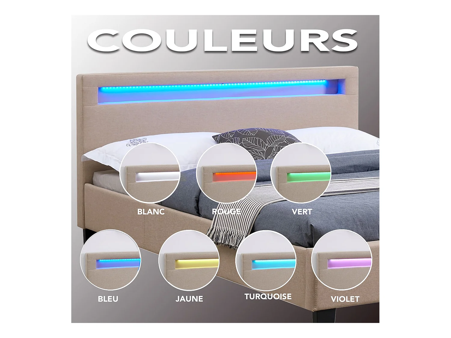 Lit LED simple 120x190 cm avec sommier, tête de lit confortable, lit 1 place revêtement en tissu beige, MARISELA