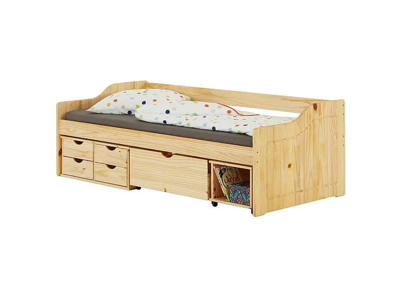 Lit fonctionnel SENTA avec rangements 4 tiroirs 1 caisson et 1 niche sur roulettes, couchage 90 x 200 cm, pin massif vernis naturel