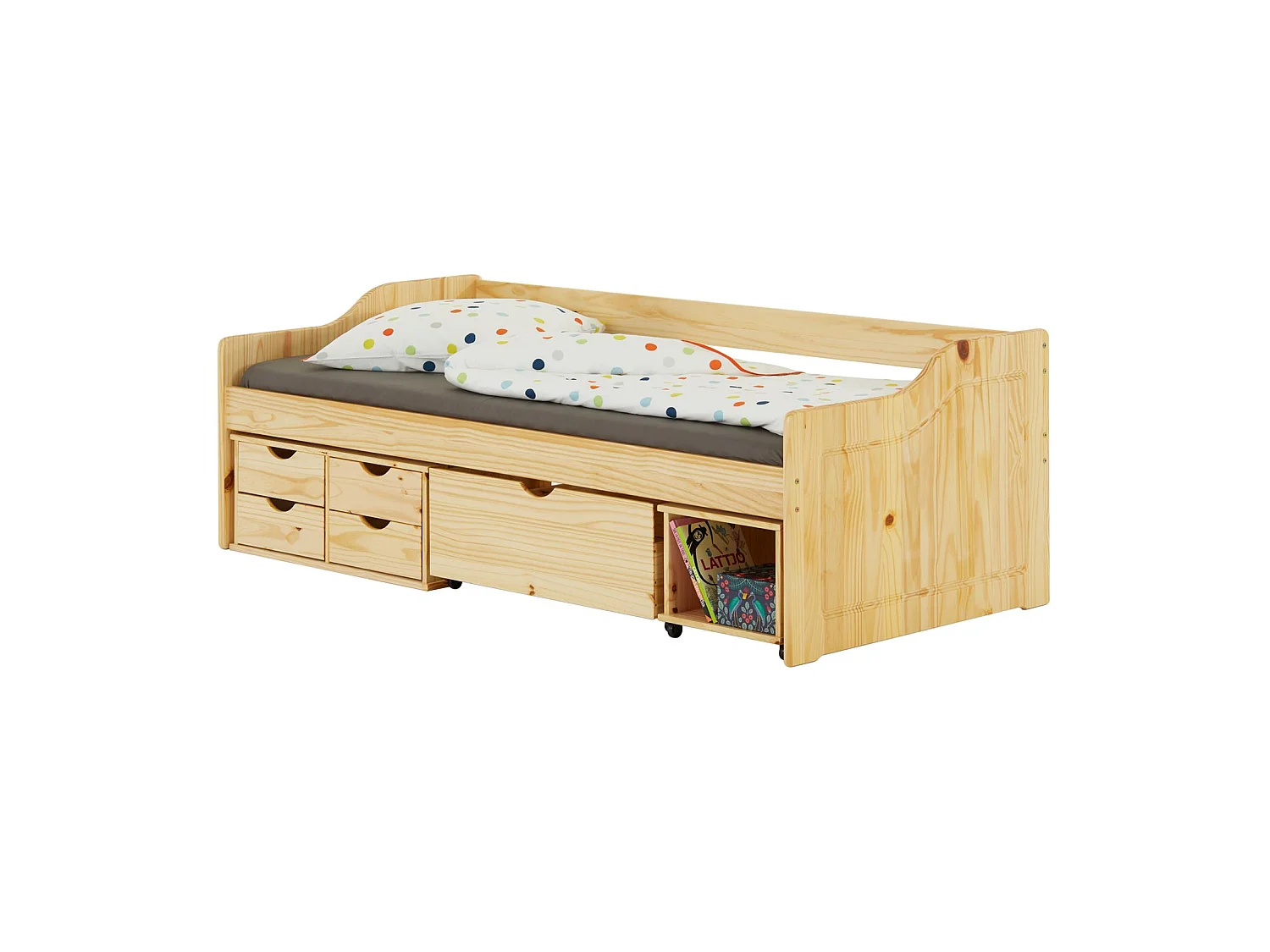 Lit fonctionnel SENTA avec rangements 4 tiroirs 1 caisson et 1 niche sur roulettes, couchage 90 x 200 cm, pin massif vernis naturel