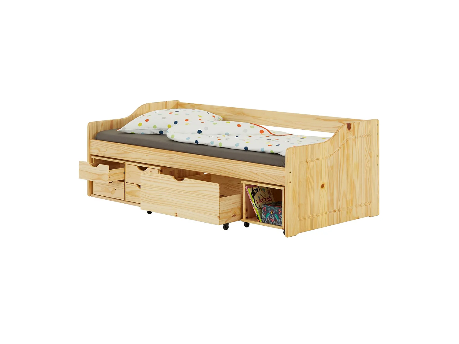 Lit fonctionnel SENTA avec rangements 4 tiroirs 1 caisson et 1 niche sur roulettes, couchage 90 x 200 cm, pin massif vernis naturel