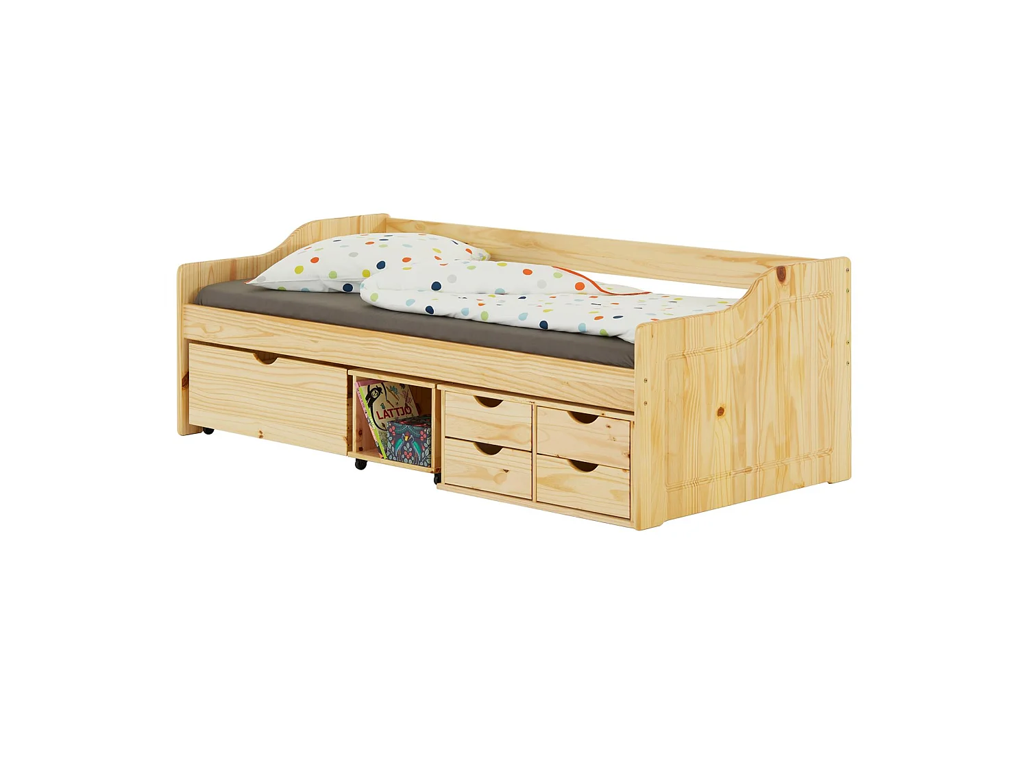 Lit fonctionnel SENTA avec rangements 4 tiroirs 1 caisson et 1 niche sur roulettes, couchage 90 x 200 cm, pin massif vernis naturel