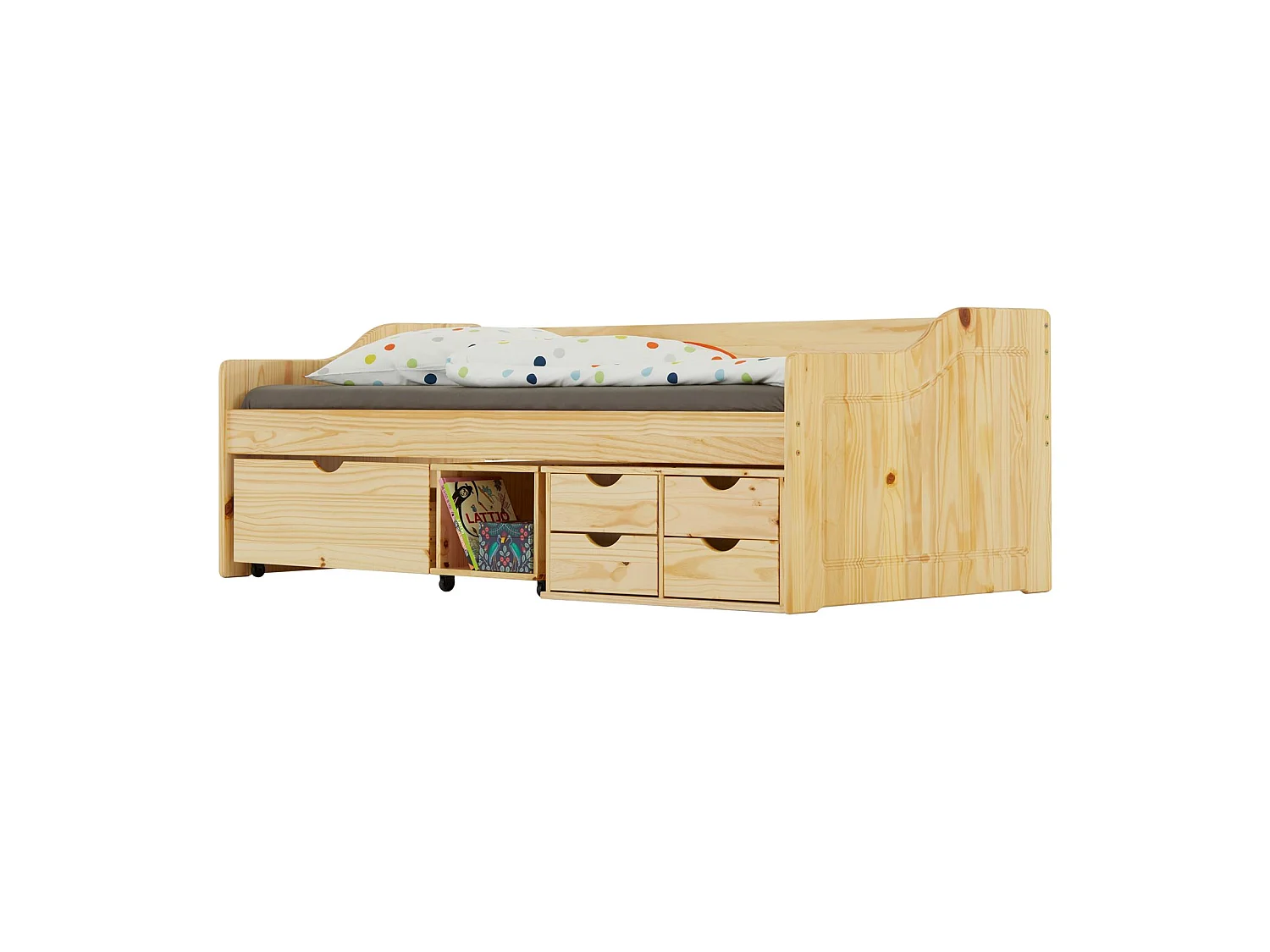 Lit fonctionnel SENTA avec rangements 4 tiroirs 1 caisson et 1 niche sur roulettes, couchage 90 x 200 cm, pin massif vernis naturel