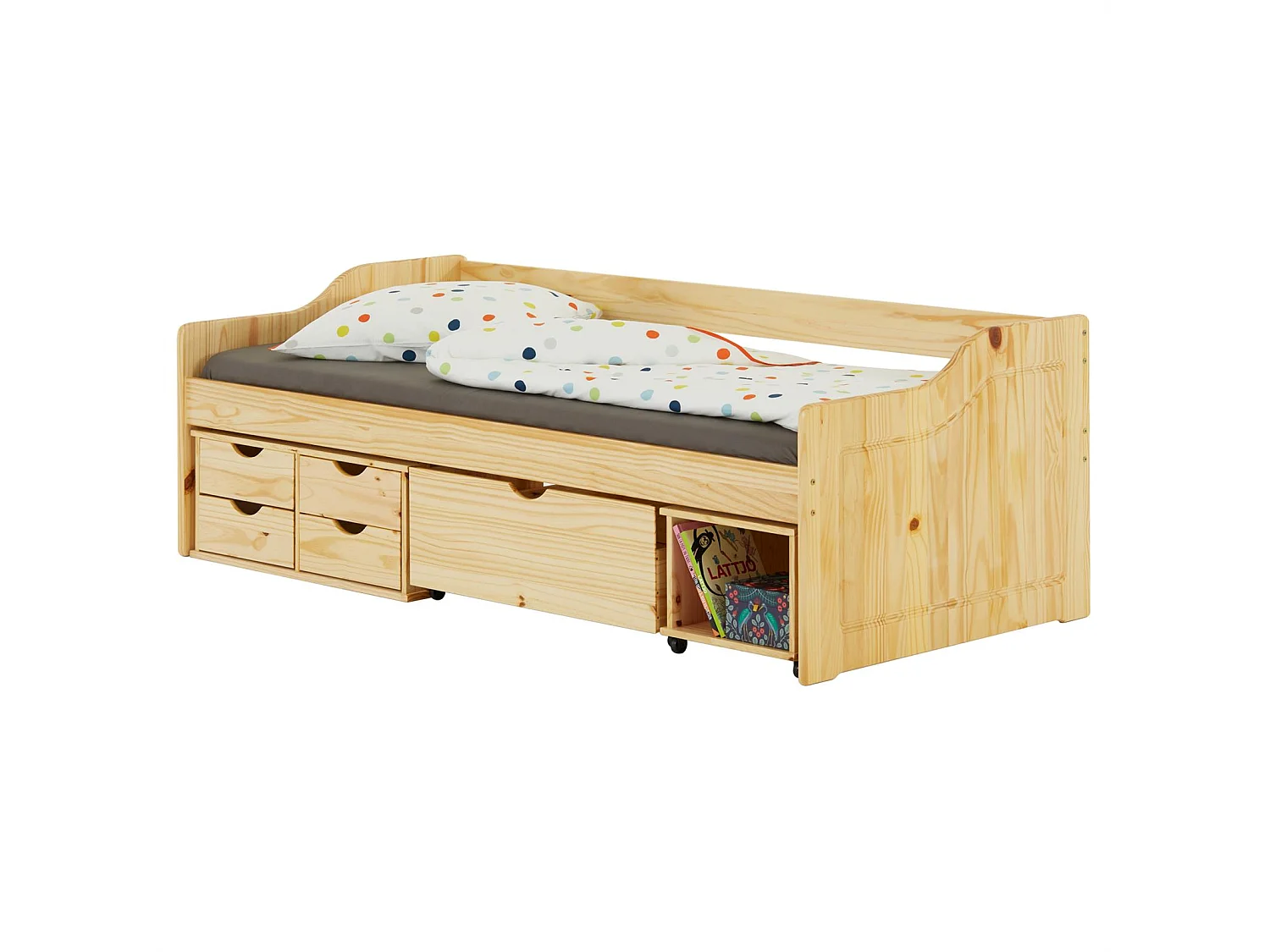 Lit fonctionnel SENTA avec rangements 4 tiroirs 1 caisson et 1 niche sur roulettes, couchage 90 x 200 cm, pin massif vernis naturel