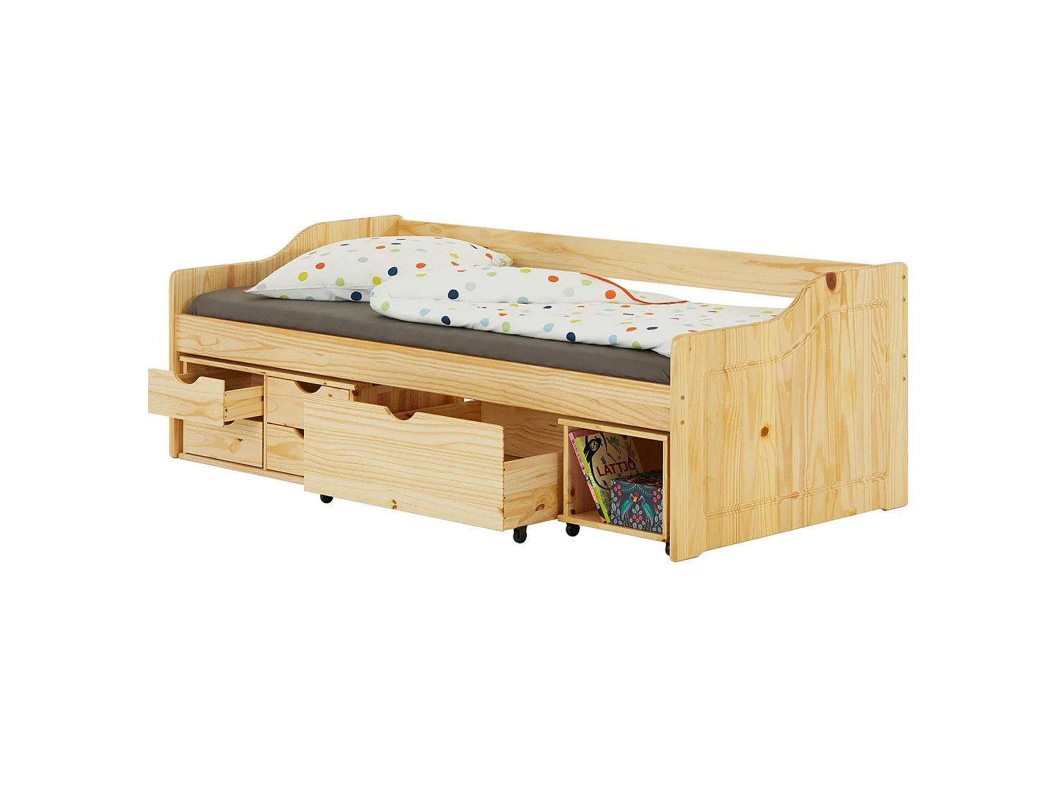 Lit fonctionnel SENTA avec rangements 4 tiroirs 1 caisson et 1 niche sur roulettes, couchage 90 x 200 cm, pin massif vernis naturel