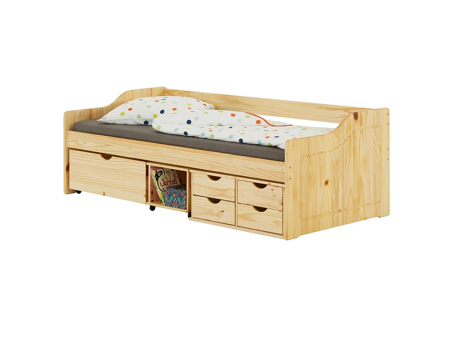 Lit fonctionnel SENTA avec rangements 4 tiroirs 1 caisson et 1 niche sur roulettes, couchage 90 x 200 cm, pin massif vernis naturel