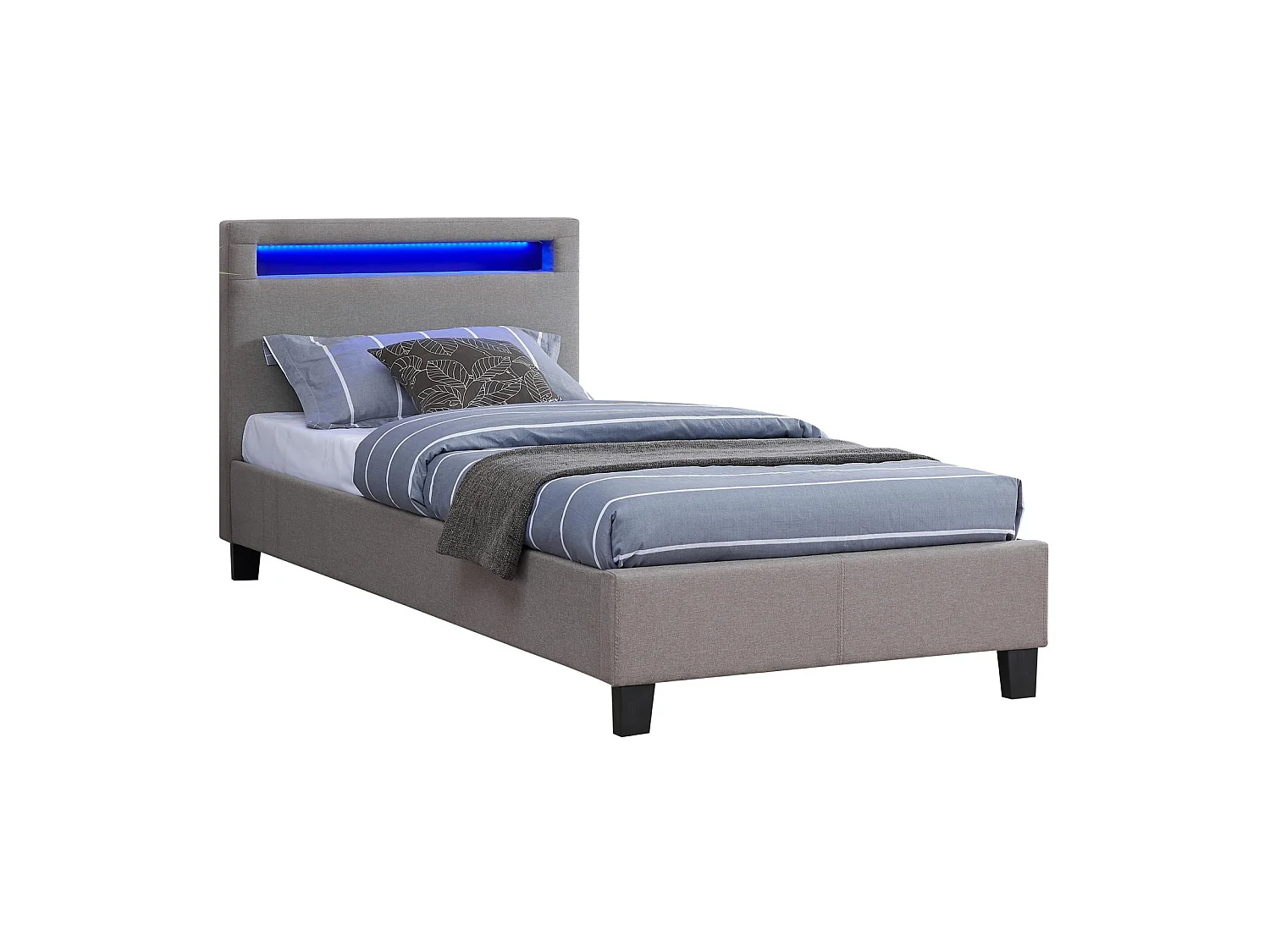Lit LED simple 90x190 cm avec sommier, tête de lit confortable, lit 1 place revêtement en tissu gris, MOLINA