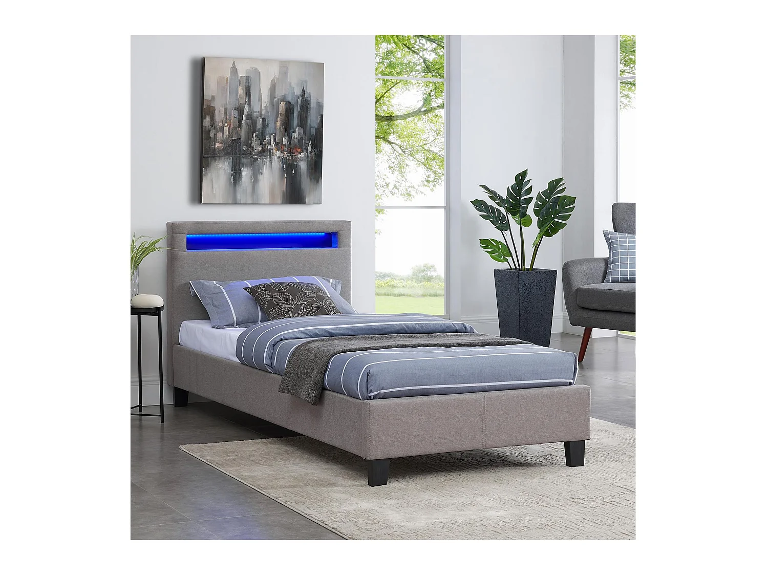 Lit LED simple 90x190 cm avec sommier, tête de lit confortable, lit 1 place revêtement en tissu gris, MOLINA