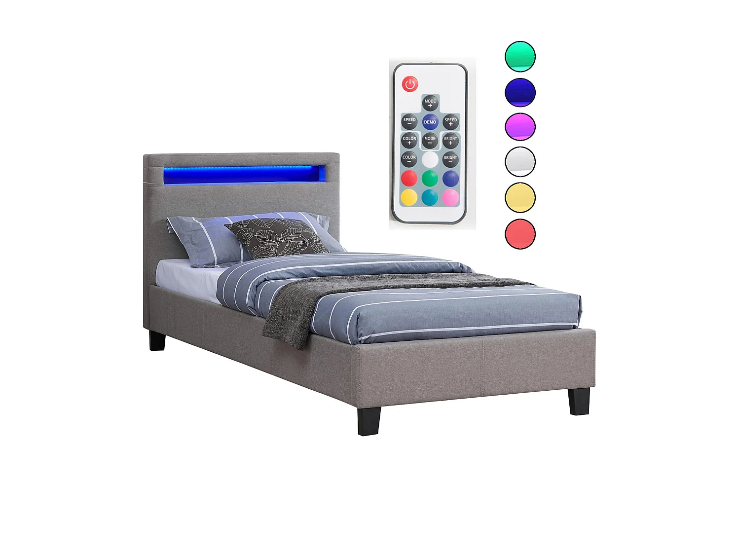 Lit LED simple 90x190 cm avec sommier, tête de lit confortable, lit 1 place revêtement en tissu gris, MOLINA