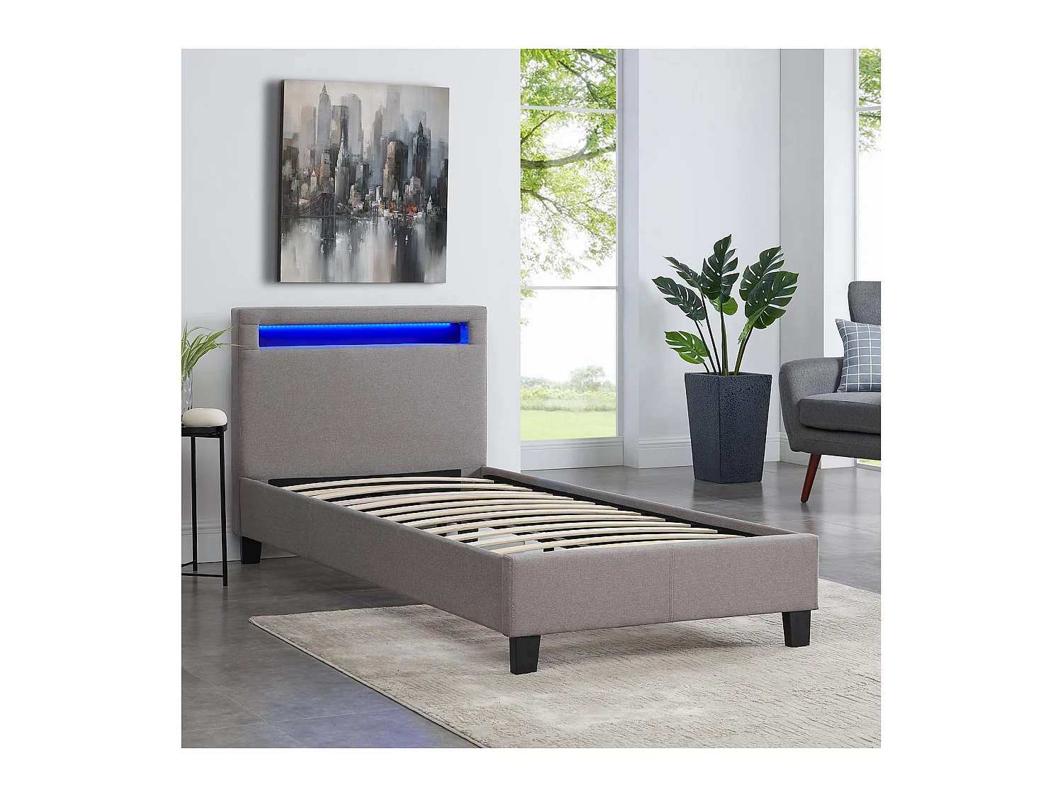 Lit LED simple 90x190 cm avec sommier, tête de lit confortable, lit 1 place revêtement en tissu gris, MOLINA