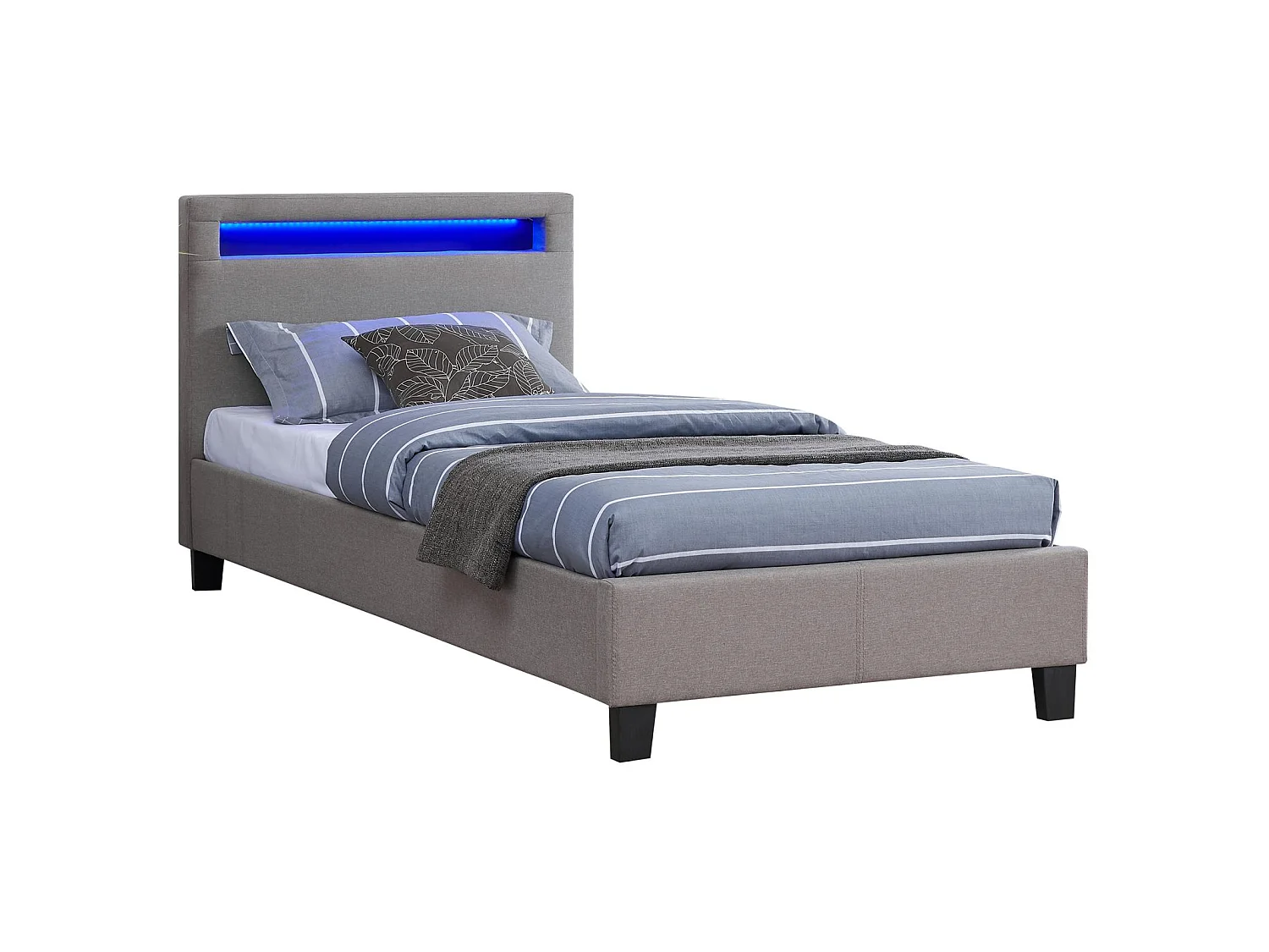 Lit LED simple 90x190 cm avec sommier, tête de lit confortable, lit 1 place revêtement en tissu gris, MOLINA
