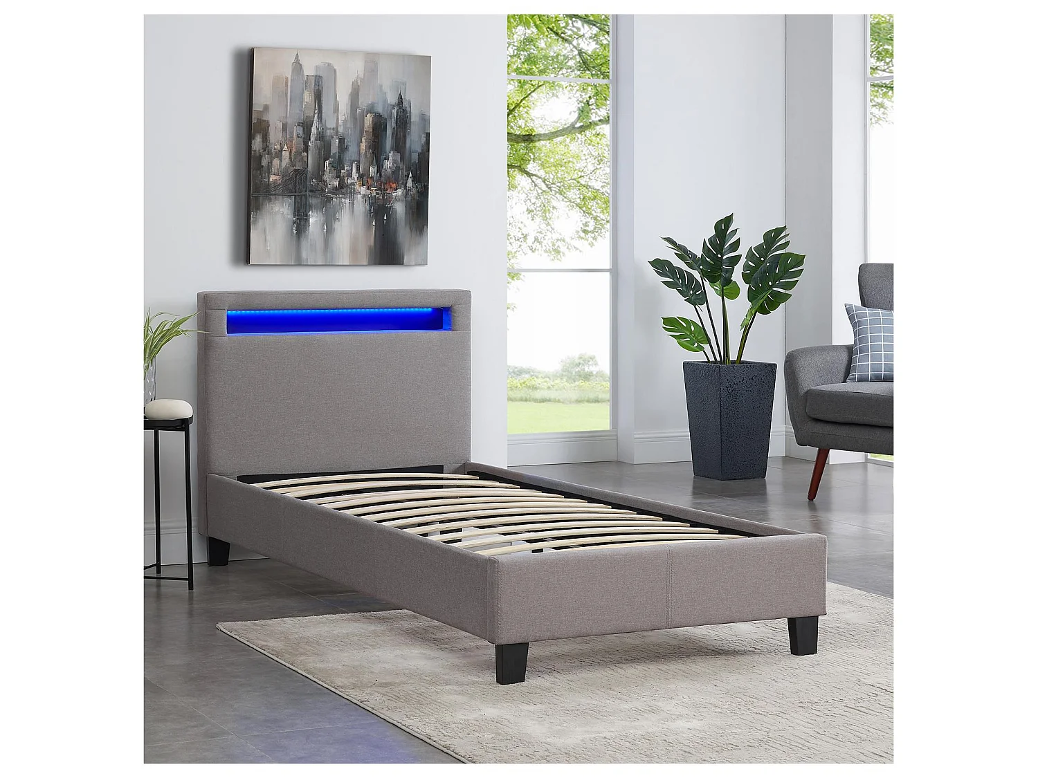 Lit LED simple 90x190 cm avec sommier, tête de lit confortable, lit 1 place revêtement en tissu gris, MOLINA
