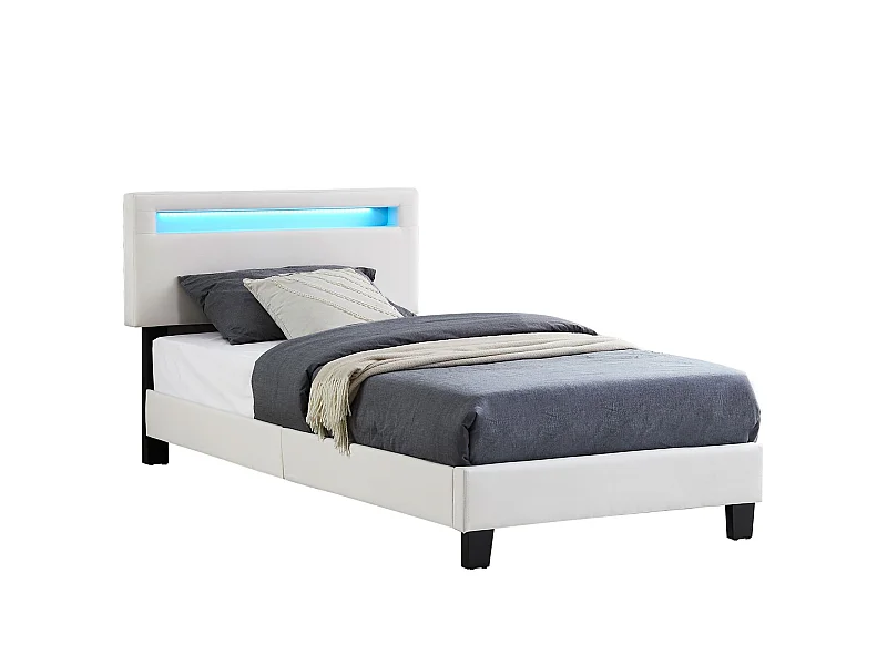 Lit LED simple 90x190 cm avec sommier, tête de lit réglable en hauteur, en tissu blanc, AUSTIN