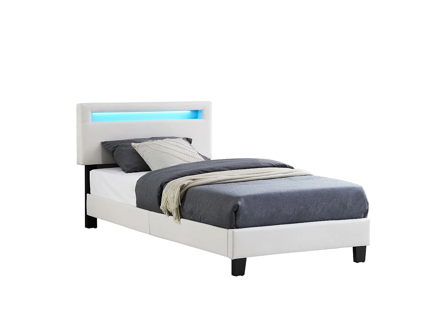 Lit LED simple 90x190 cm avec sommier, tête de lit réglable en hauteur, en tissu blanc, AUSTIN