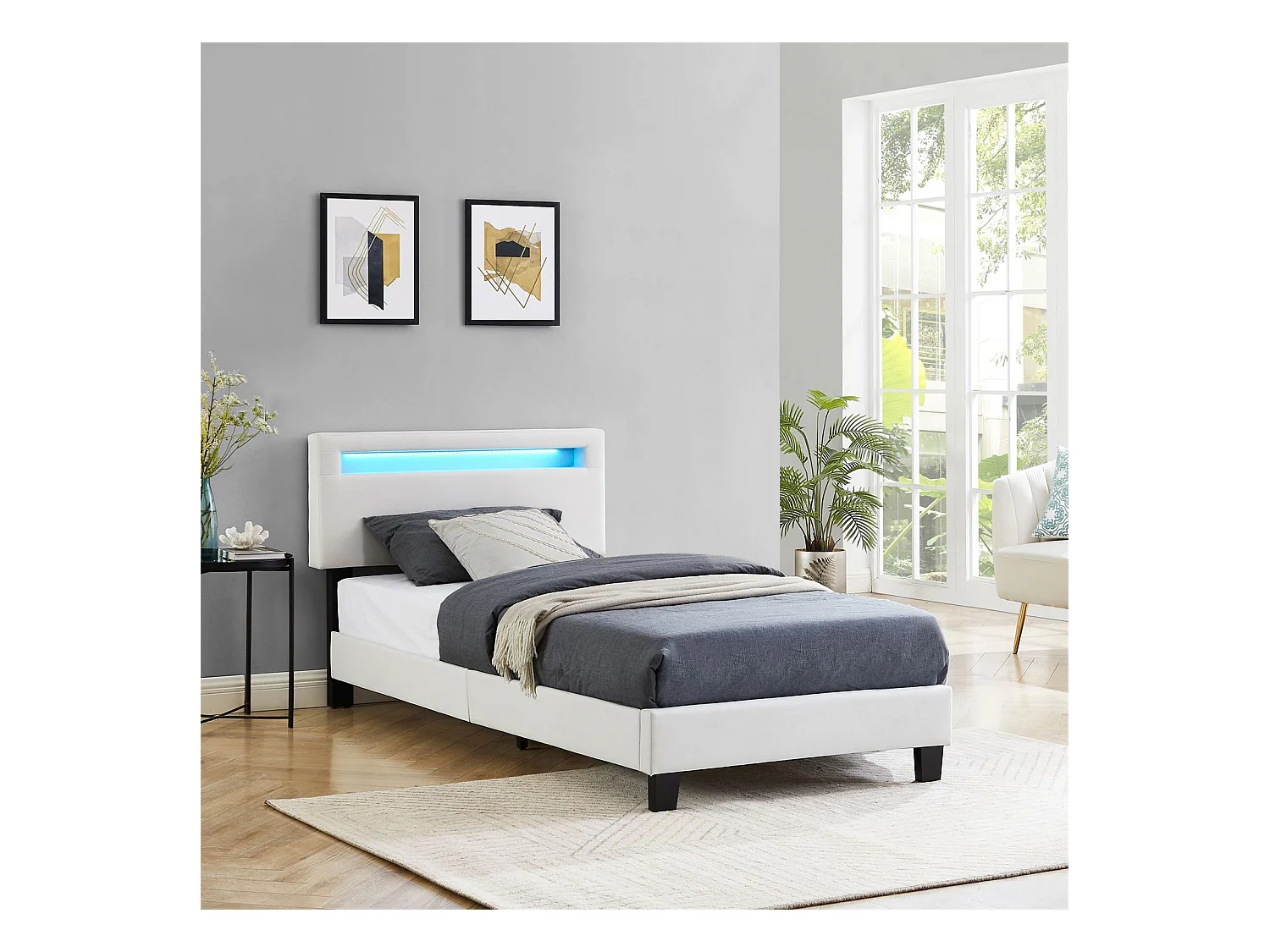 Lit LED simple 90x190 cm avec sommier, tête de lit réglable en hauteur, en tissu blanc, AUSTIN