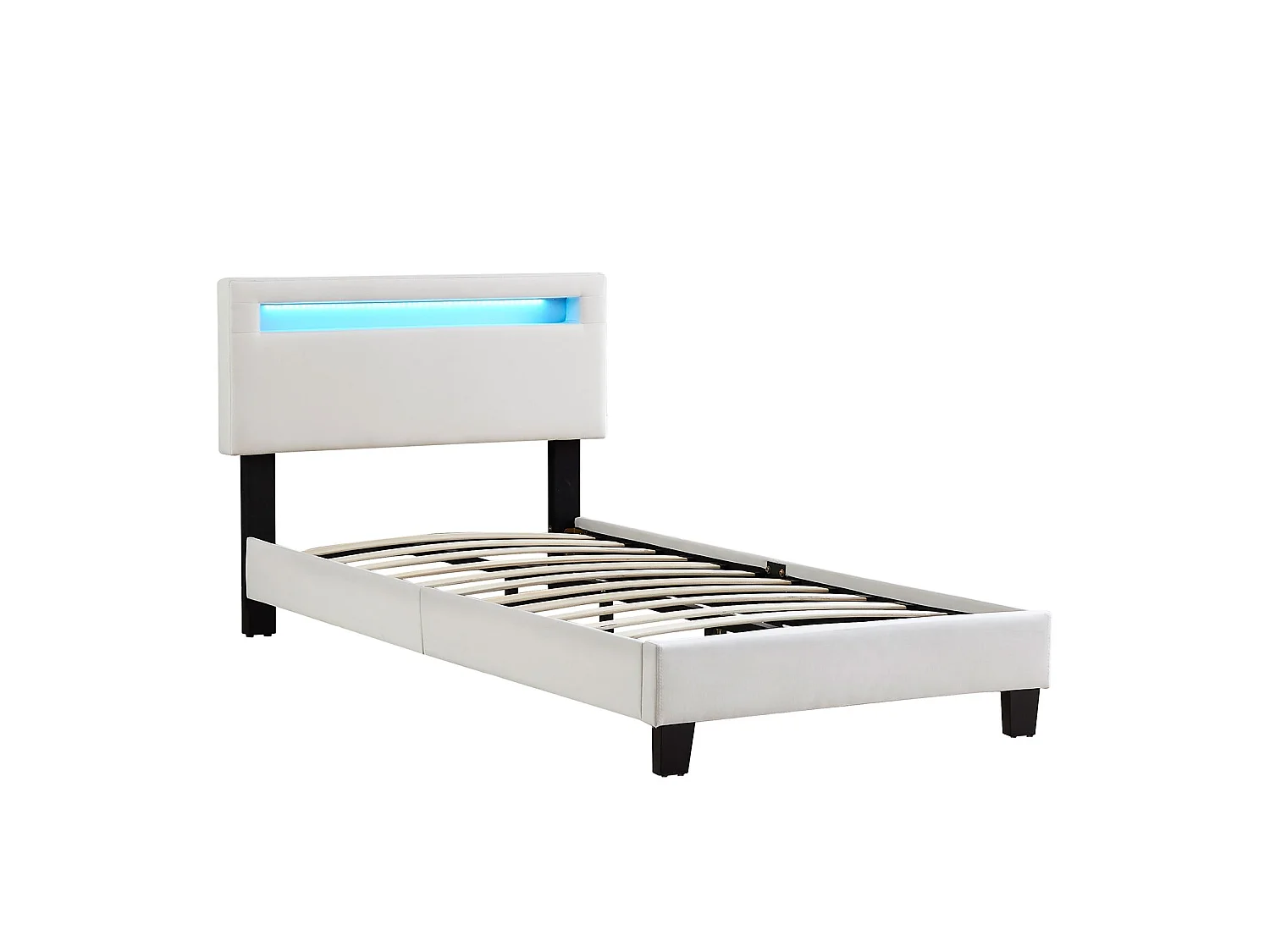 Lit LED simple 90x190 cm avec sommier, tête de lit réglable en hauteur, en tissu blanc, AUSTIN