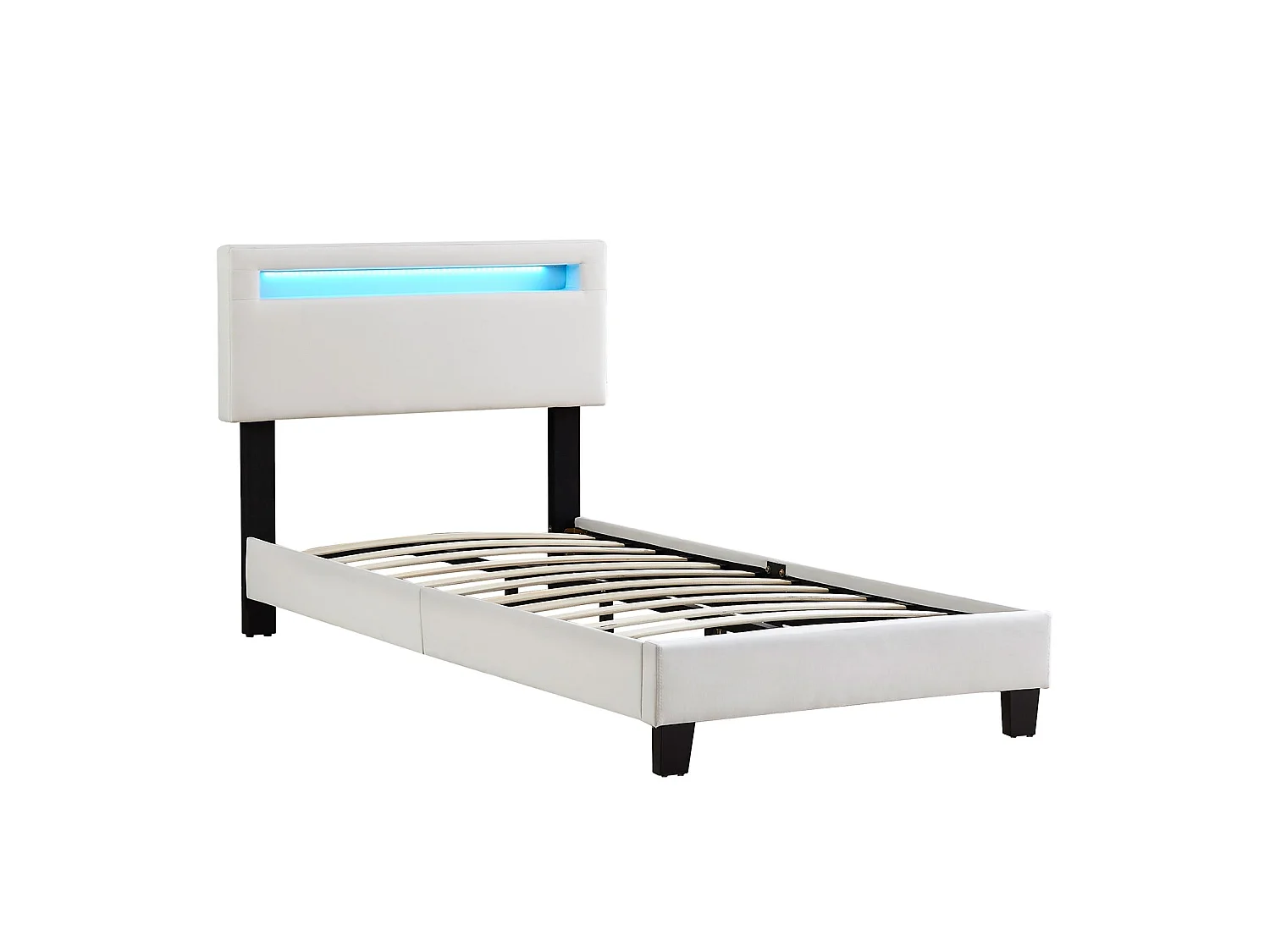 Lit LED simple 90x190 cm avec sommier, tête de lit réglable en hauteur, en tissu blanc, AUSTIN
