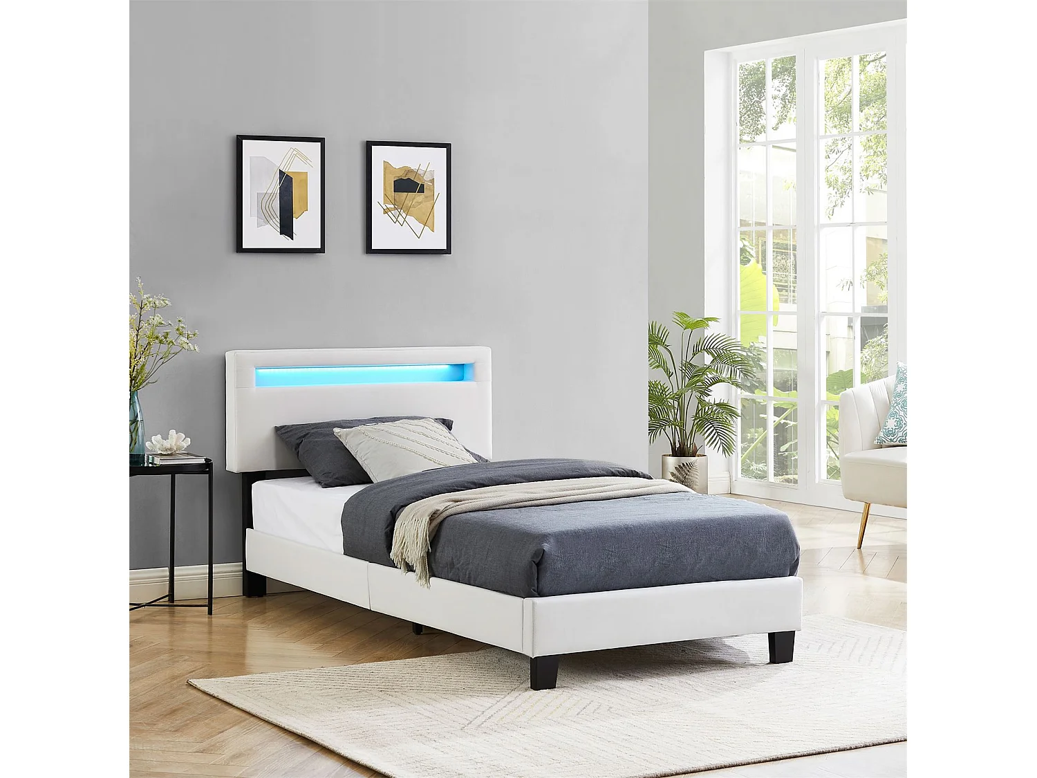 Lit LED simple 90x190 cm avec sommier, tête de lit réglable en hauteur, en tissu blanc, AUSTIN
