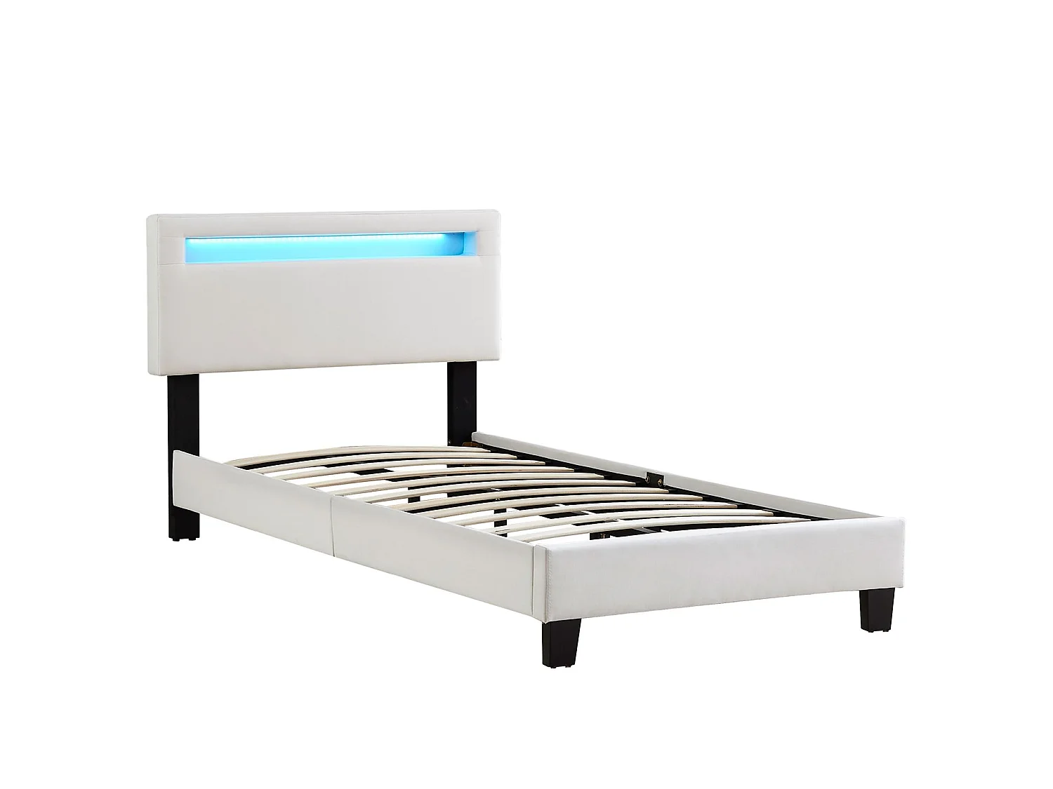 Lit LED simple 90x190 cm avec sommier, tête de lit réglable en hauteur, en tissu blanc, AUSTIN