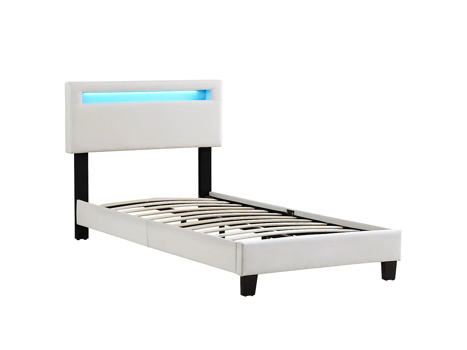 Lit LED simple 90x190 cm avec sommier, tête de lit réglable en hauteur, en tissu blanc, AUSTIN