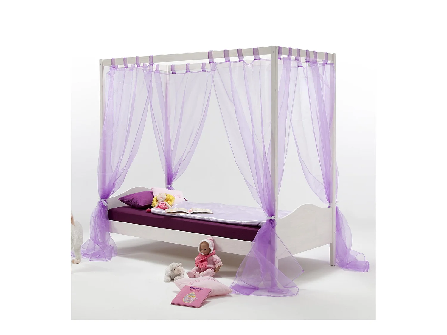 Lit à baldaquin NADINE couchage 90x200 cm 1 personne idéal pour enfant, en pin massif lasuré blanc