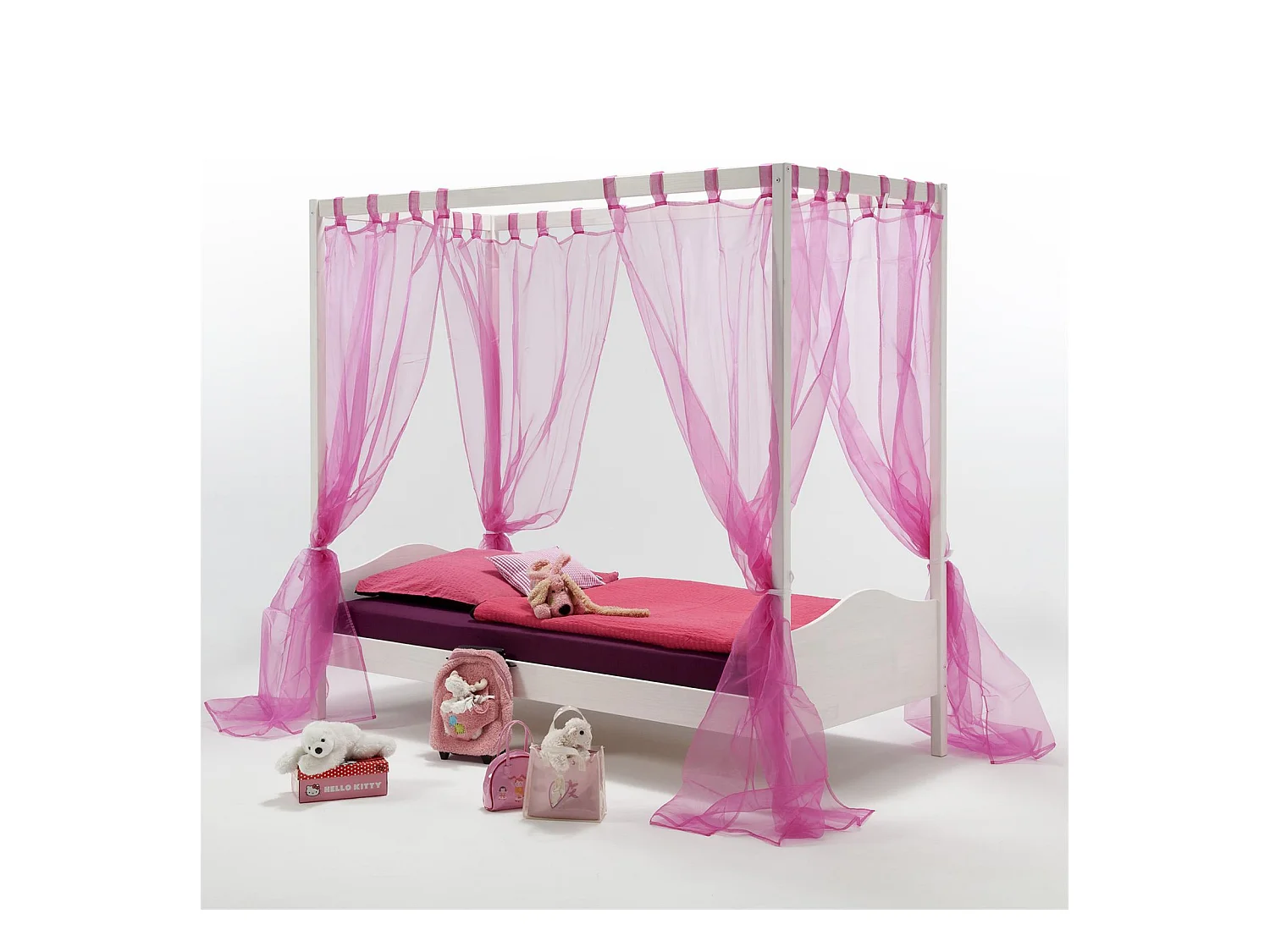 Lit à baldaquin NADINE couchage 90x200 cm 1 personne idéal pour enfant, en pin massif lasuré blanc