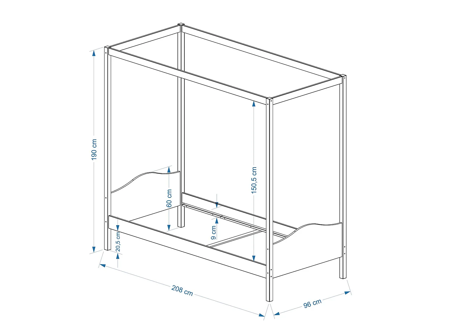 Lit à baldaquin NADINE couchage 90x200 cm 1 personne idéal pour enfant, en pin massif lasuré blanc