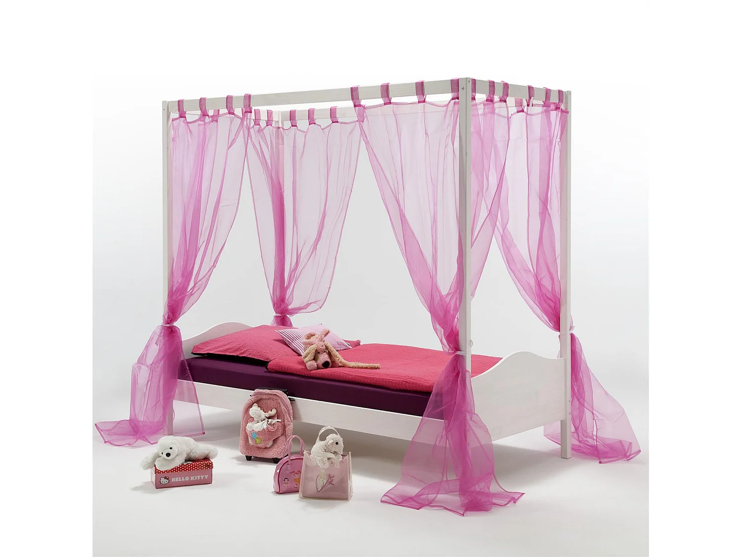 Lit à baldaquin NADINE couchage 90x200 cm 1 personne idéal pour enfant, en pin massif lasuré blanc