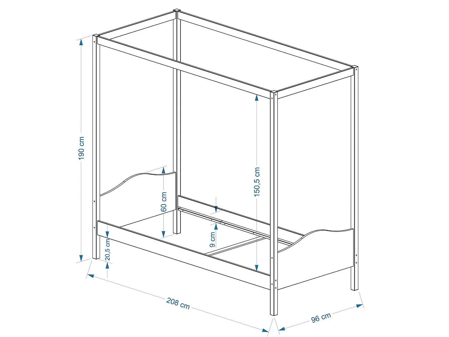 Lit à baldaquin NADINE couchage 90x200 cm 1 personne idéal pour enfant, en pin massif lasuré blanc