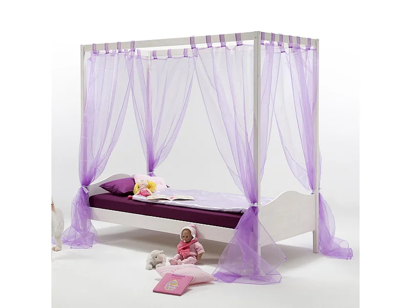 Lit à baldaquin NADINE couchage 90x200 cm 1 personne idéal pour enfant, en pin massif lasuré blanc