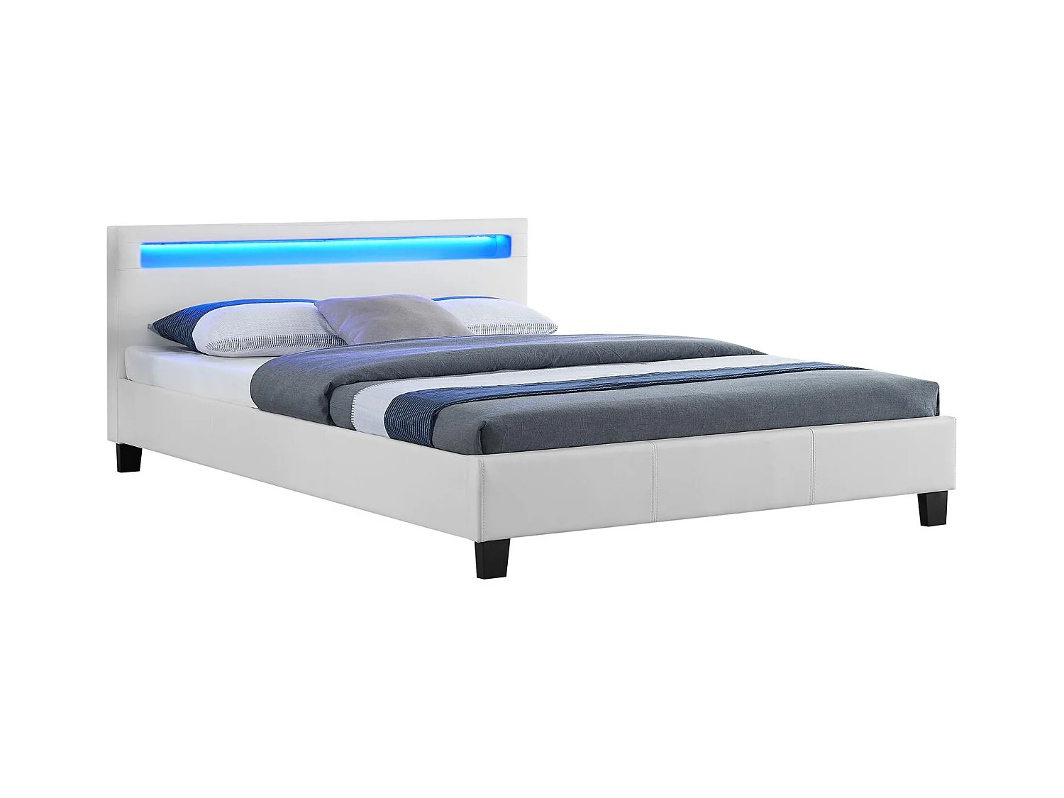 Lit LED double 140x190 cm avec sommier, tête de lit confortable, lit 1 place revêtement en tissu blanc, RIOJA