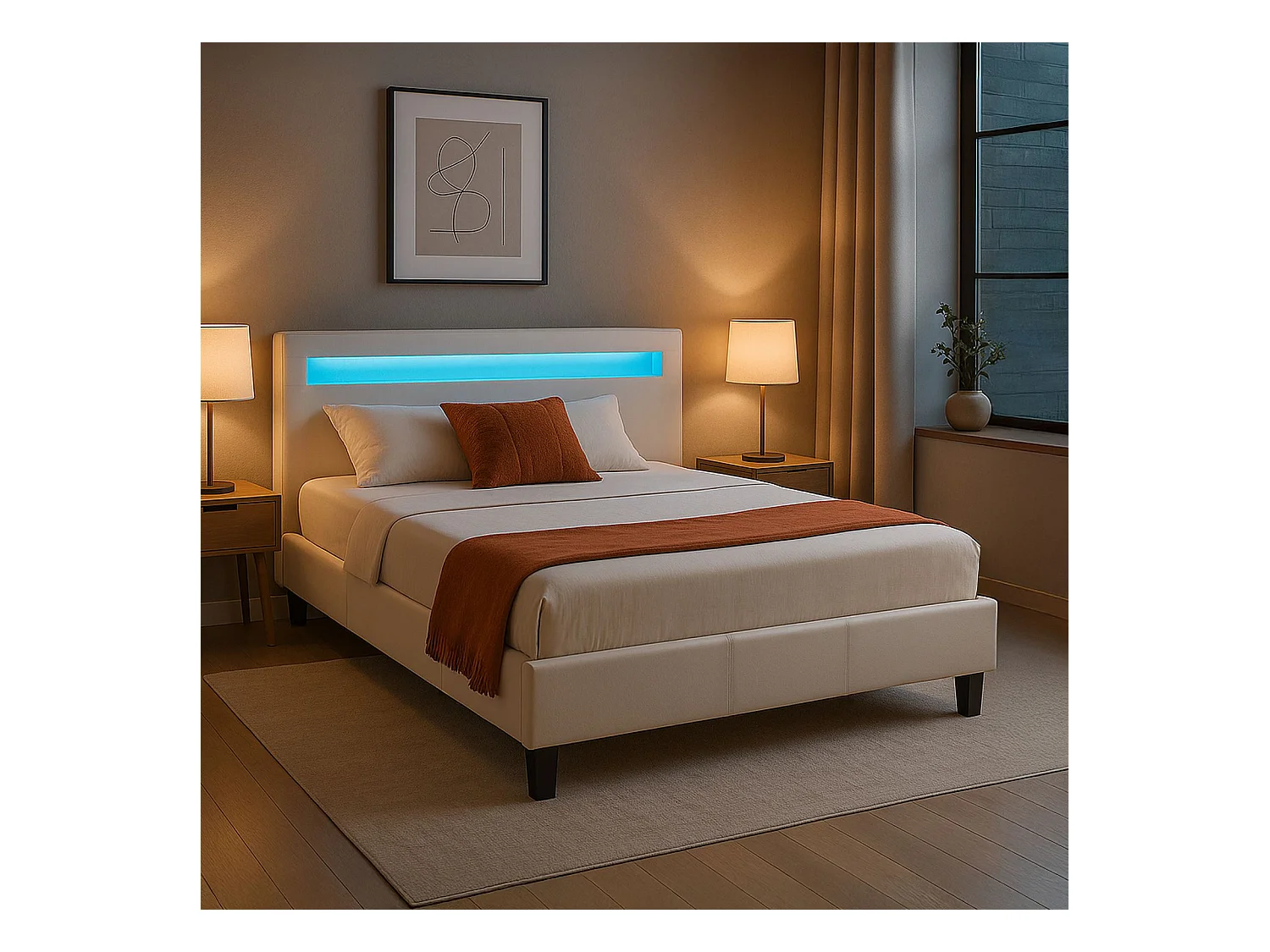 Lit LED double 140x190 cm avec sommier, tête de lit confortable, lit 1 place revêtement en tissu blanc, RIOJA