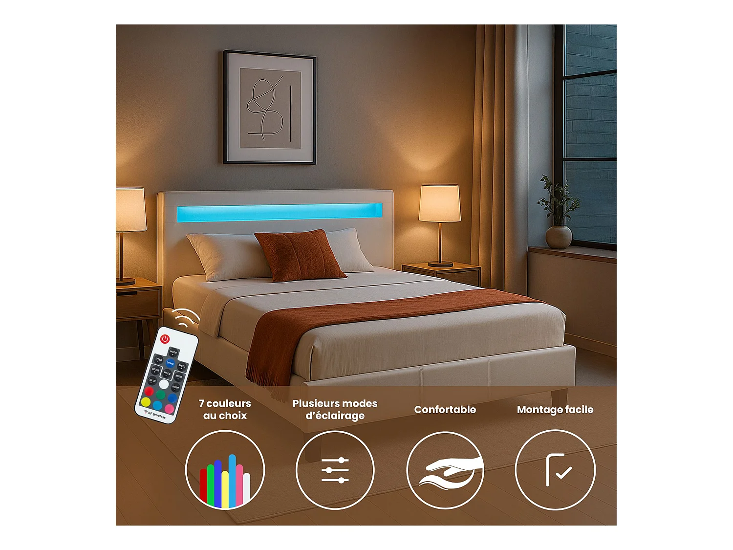 Lit LED double 140x190 cm avec sommier, tête de lit confortable, lit 1 place revêtement en tissu blanc, RIOJA