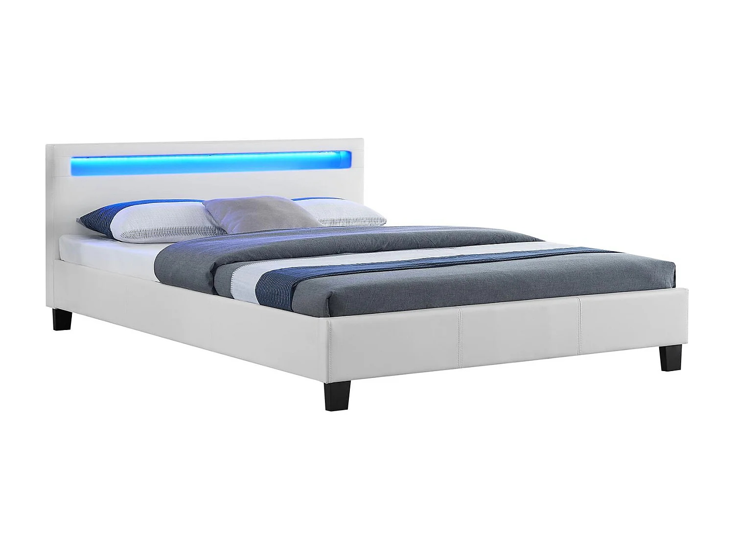 Lit LED double 140x190 cm avec sommier, tête de lit confortable, lit 1 place revêtement en tissu blanc, RIOJA