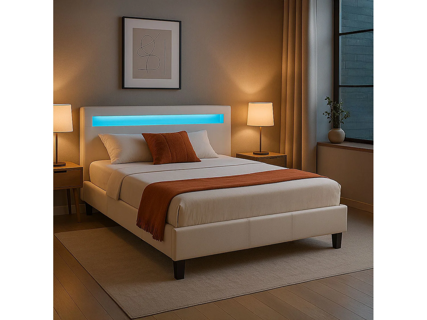 Lit LED double 140x190 cm avec sommier, tête de lit confortable, lit 1 place revêtement en tissu blanc, RIOJA
