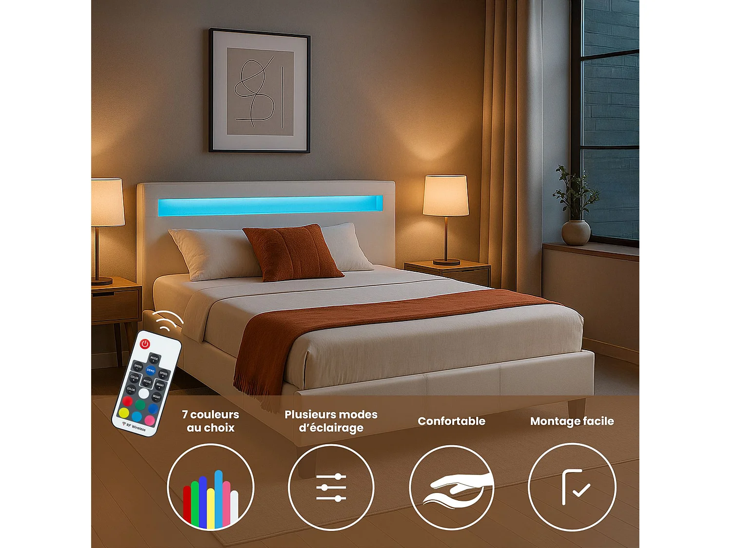 Lit LED double 140x190 cm avec sommier, tête de lit confortable, lit 1 place revêtement en tissu blanc, RIOJA