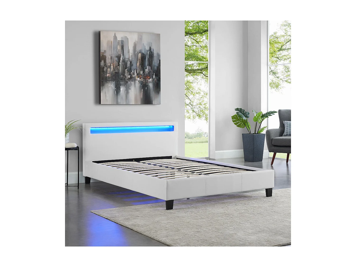 Lit LED double 140x190 cm avec sommier, tête de lit confortable, lit 1 place revêtement en tissu blanc, RIOJA