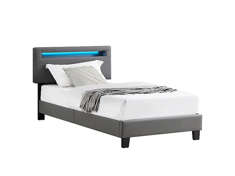 Lit LED simple 90x190 cm avec sommier, tête de lit réglable en hauteur, en synthétique gris, EVAN