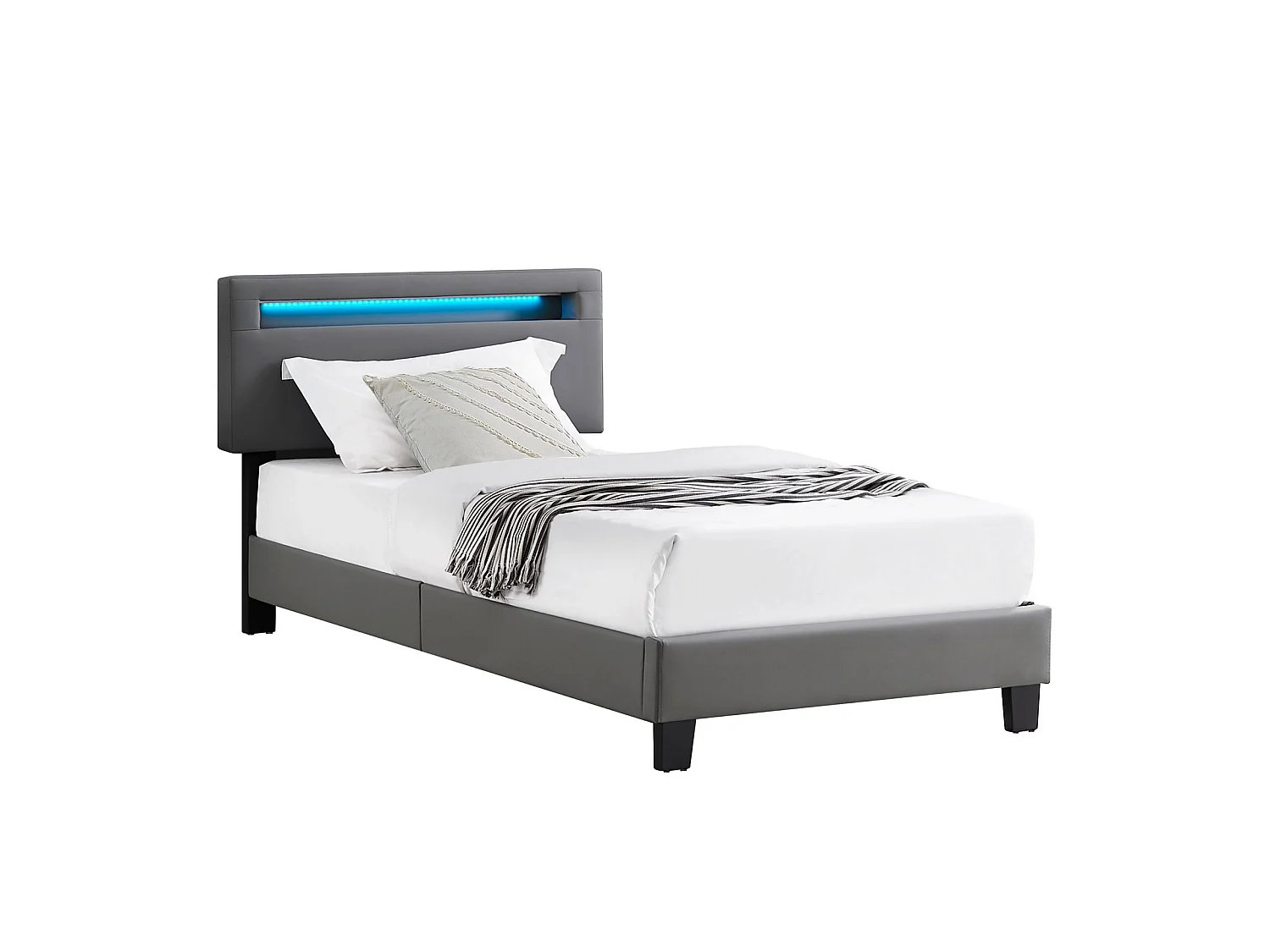 Lit LED simple 90x190 cm avec sommier, tête de lit réglable en hauteur, en synthétique gris, EVAN