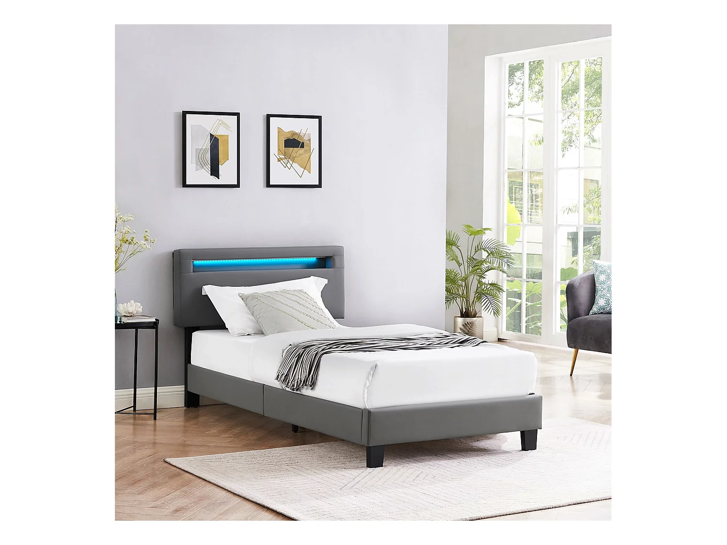 Lit LED simple 90x190 cm avec sommier, tête de lit réglable en hauteur, en synthétique gris, EVAN