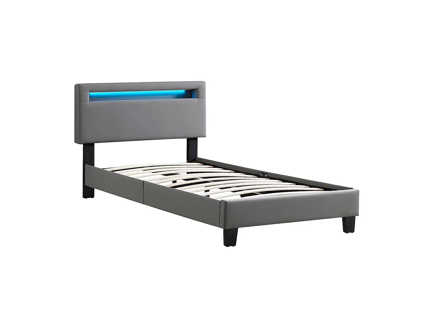 Lit LED simple 90x190 cm avec sommier, tête de lit réglable en hauteur, en synthétique gris, EVAN